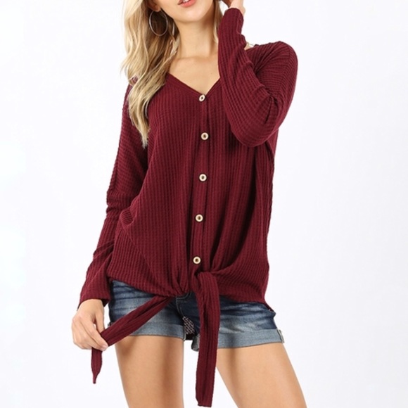 Tops - LAST Burgundy Waffle Knit Knot Front Sweater 23001